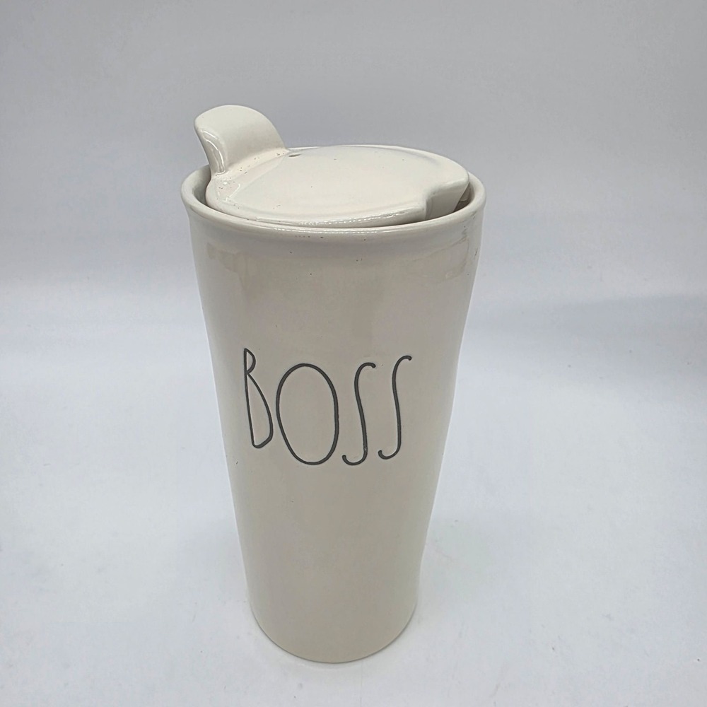 Rae Dunn Boss Travel Mug Cup White Ceramic With Lid Artisan Collection Farmhouse